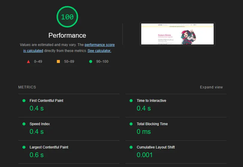 Nullstack's documentation lighthouse score